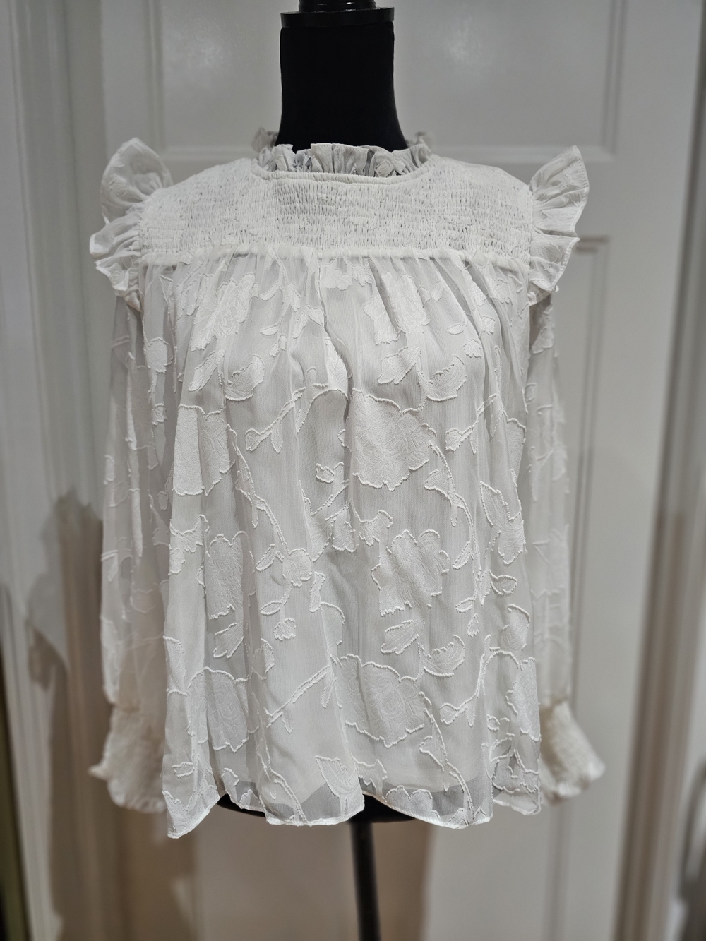 TCEC White Ruffled Smocked-Yoke Long Sleeve Blouse, NWT